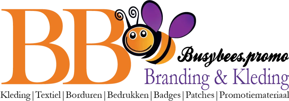 BusyBees.promo logo met bedrijfskleding, branding, bedrukken, borduren en badges